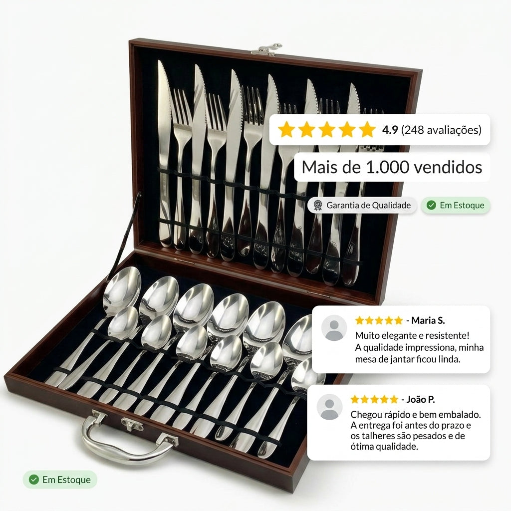 Conjunto 24 Peças Talheres Inox com Maleta Marrom