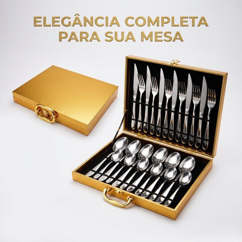 Conjunto 24 Peças Talheres Inox com Maleta Dourada