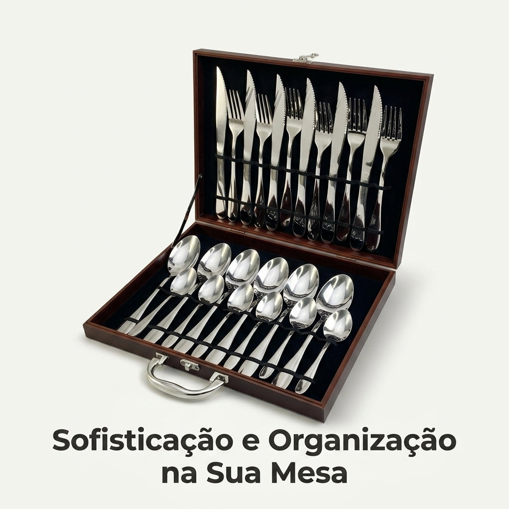 Conjunto 24 Peças Talheres Inox com Maleta Marrom