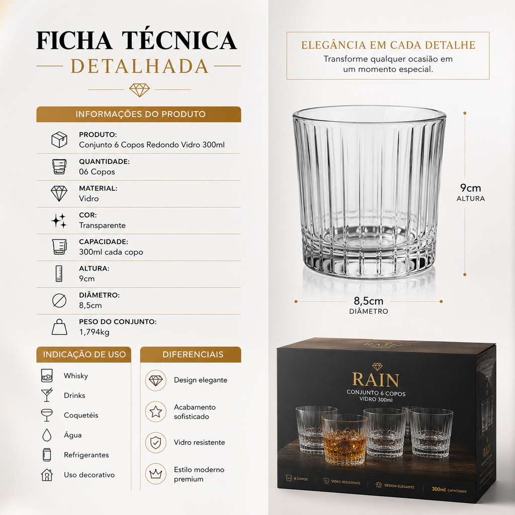 Conjunto 6 Copos Whisky Vidro 300ml Luxo Premium Drinks