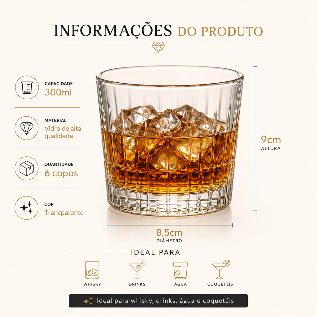 Conjunto 6 Copos Whisky Vidro 300ml Luxo Premium Drinks