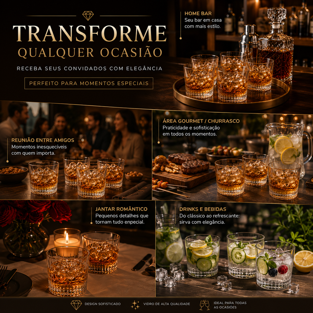 Conjunto 6 Copos Whisky Vidro 300ml Luxo Premium Drinks