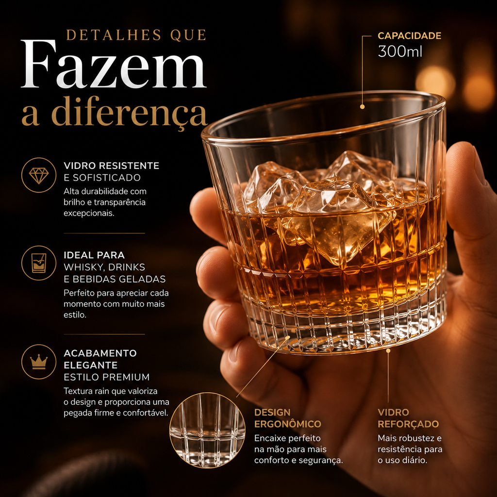 Conjunto 6 Copos Whisky Vidro 300ml Luxo Premium Drinks