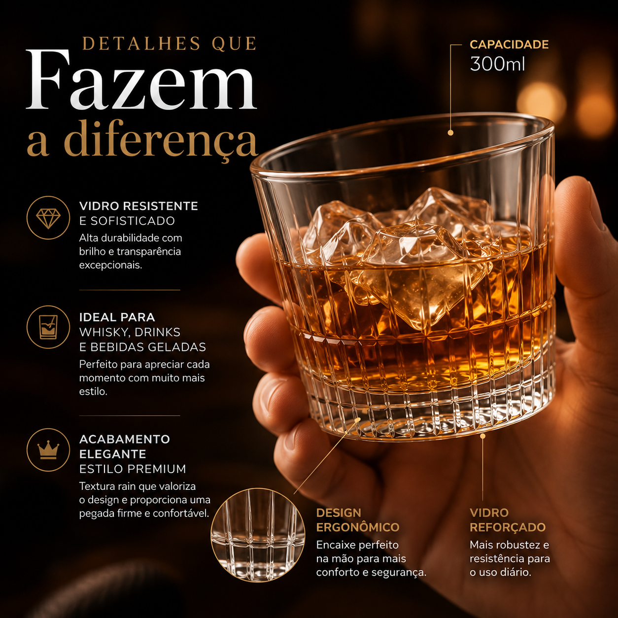 Conjunto 6 Copos Whisky Vidro 300ml Luxo Premium Drinks