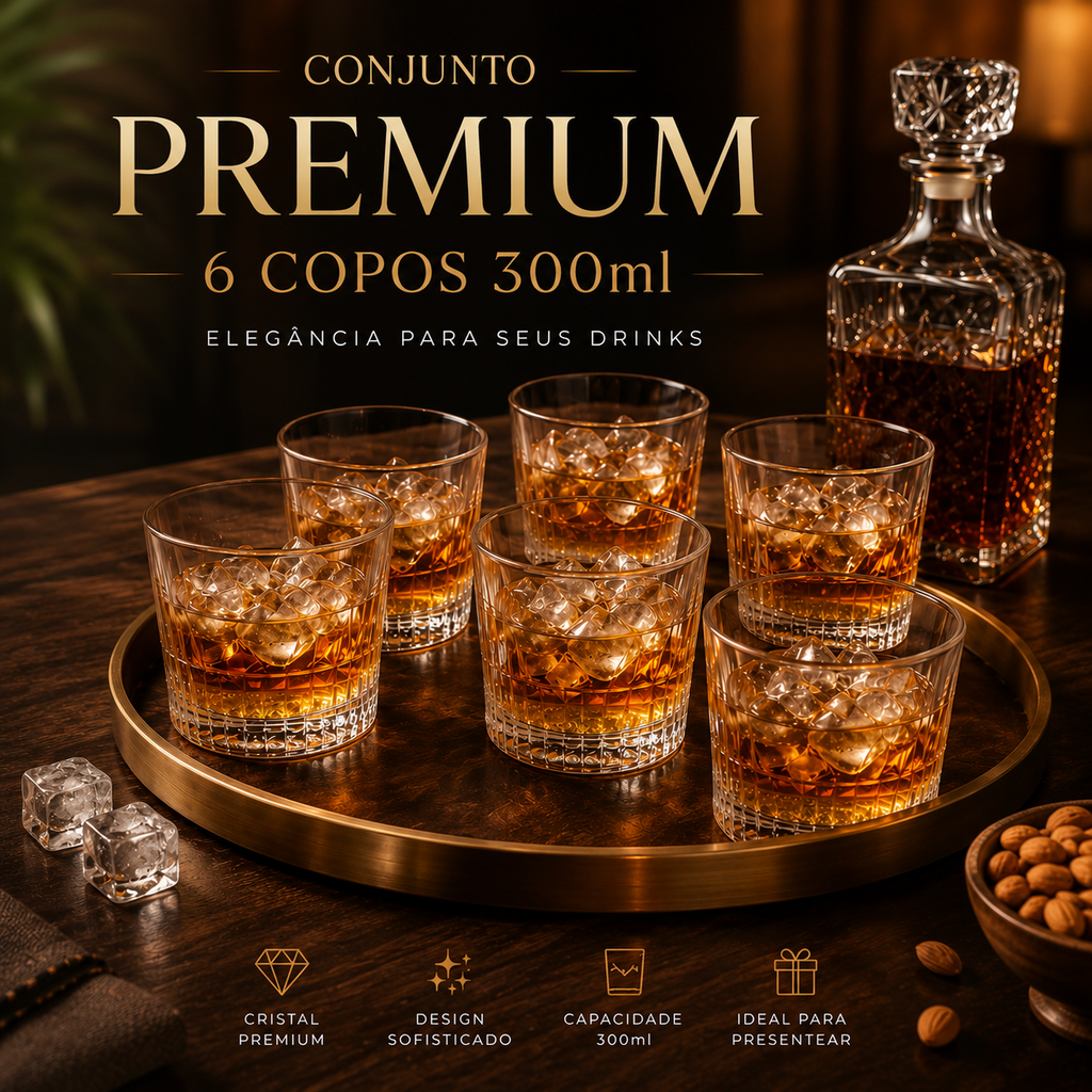 Conjunto 6 Copos Whisky Vidro 300ml Luxo Premium Drinks