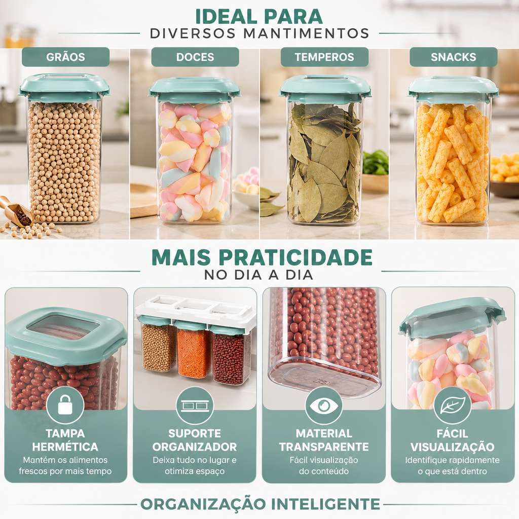 Kit 3 Potes Herméticos 900ml com Suporte Organizador Tampa Verde