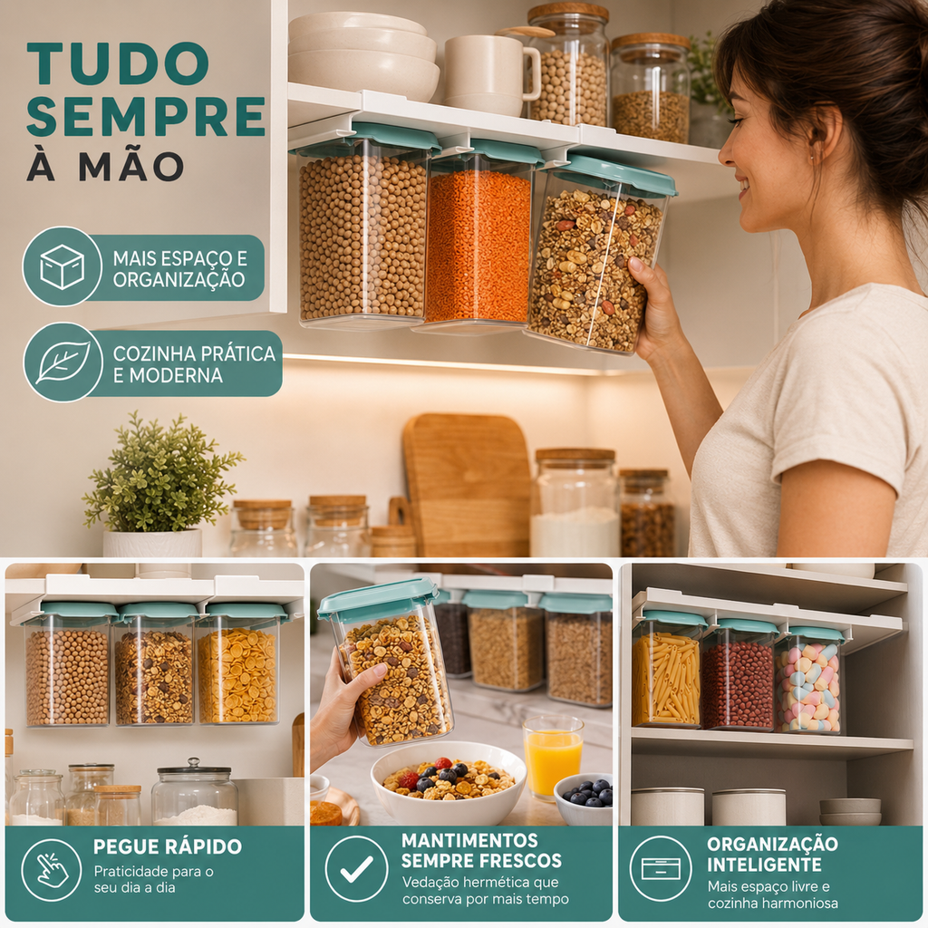 Kit 3 Potes Herméticos 900ml com Suporte Organizador Tampa Verde
