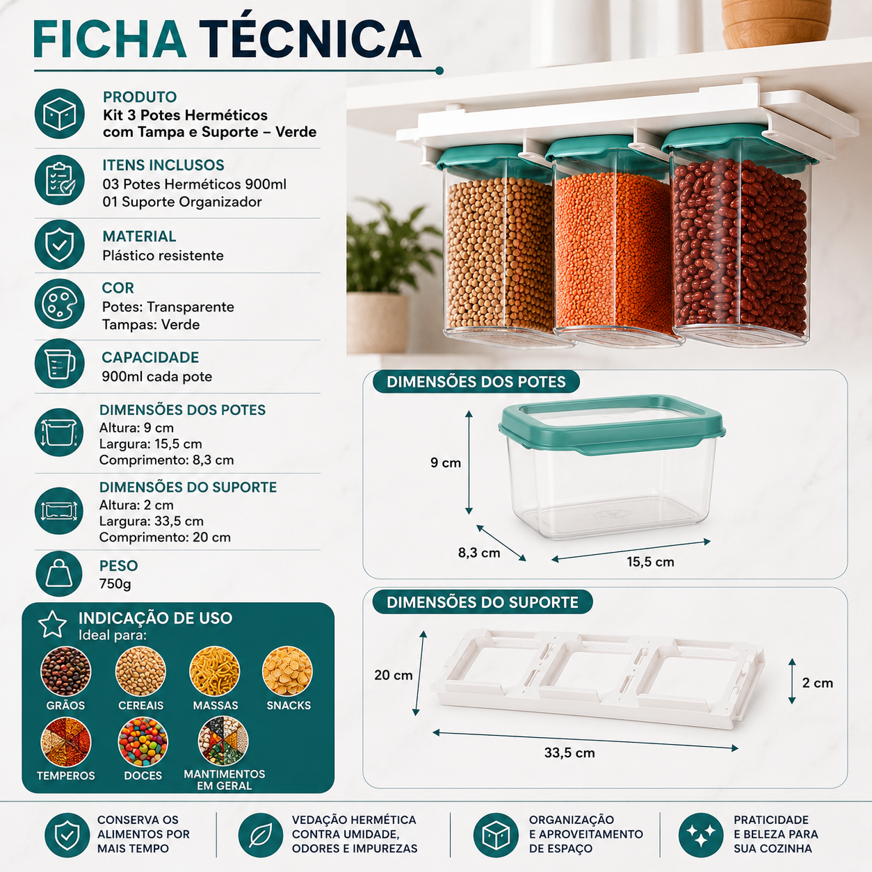 Kit 3 Potes Herméticos 900ml com Suporte Organizador Tampa Verde