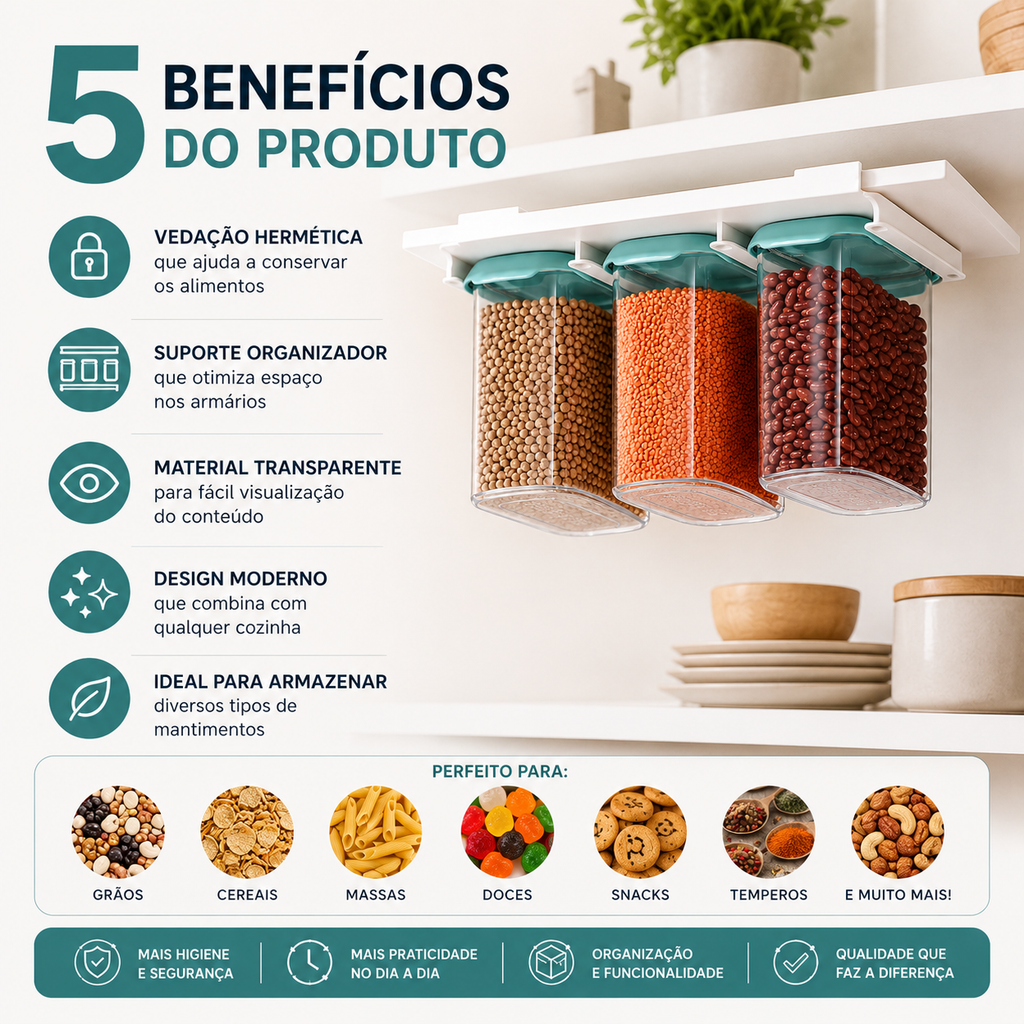 Kit 3 Potes Herméticos 900ml com Suporte Organizador Tampa Verde