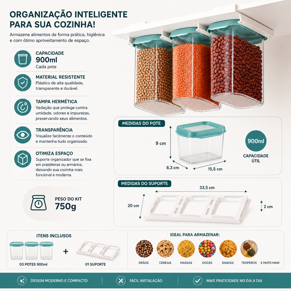 Kit 3 Potes Herméticos 900ml com Suporte Organizador Tampa Verde