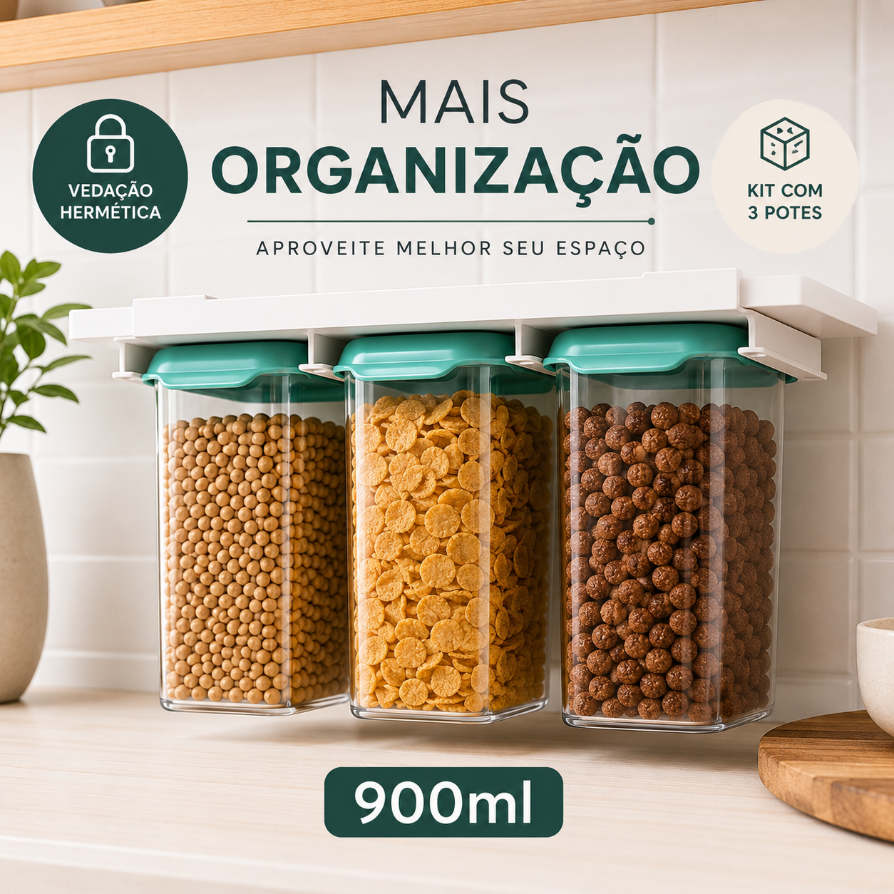 Kit 3 Potes Herméticos 900ml com Suporte Organizador Tampa Verde