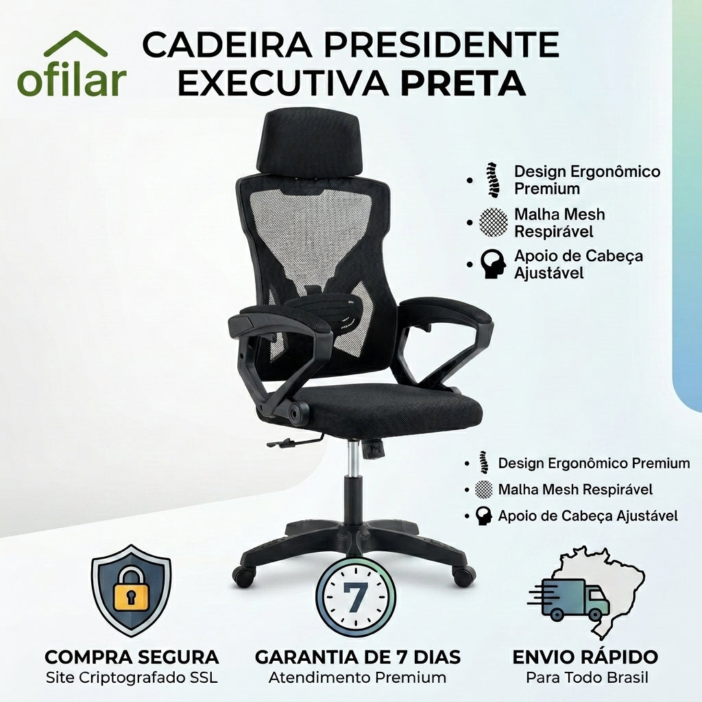 Cadeira de Escritório Presidente Executiva Gamer - Preta