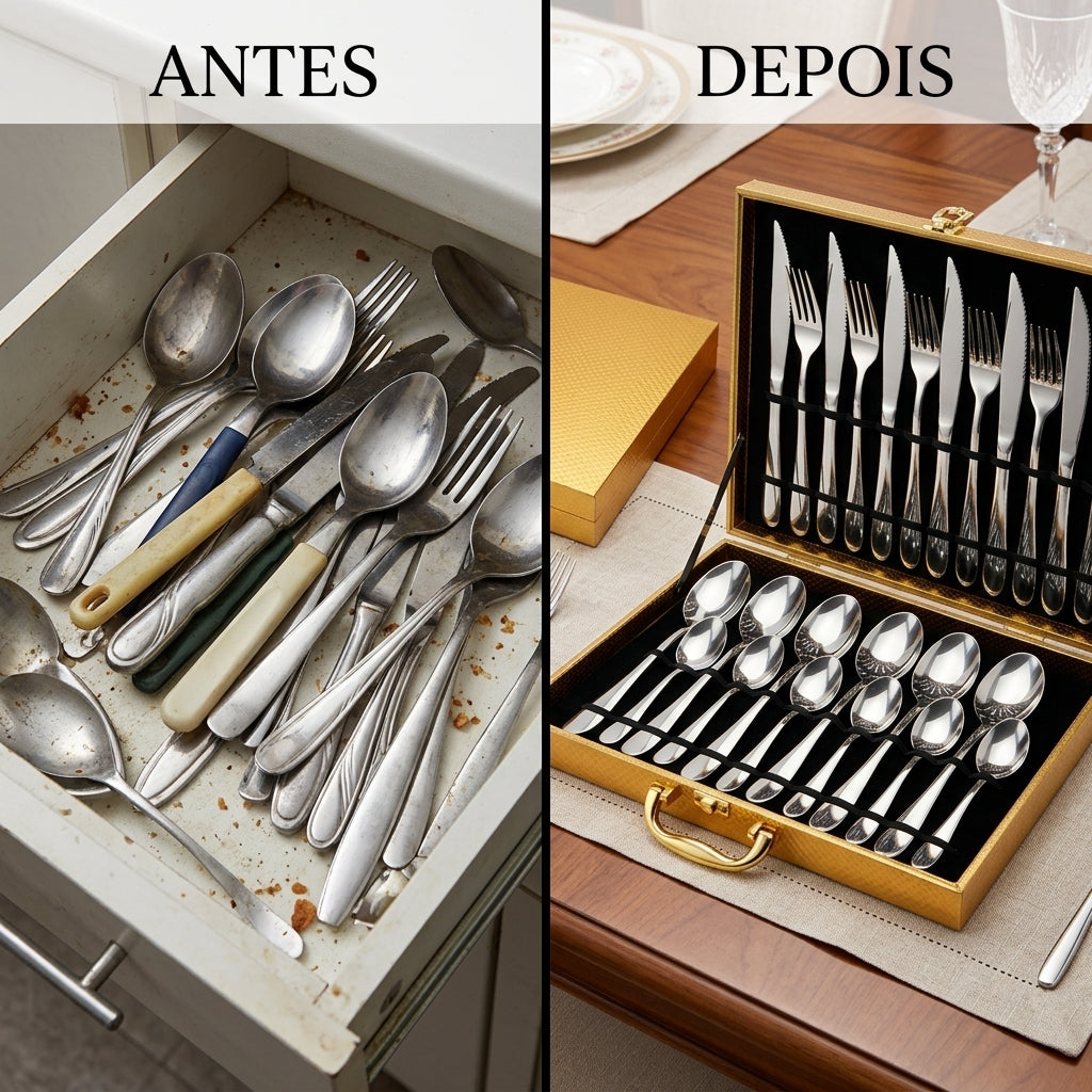 Conjunto 24 Peças Talheres Inox com Maleta Dourada