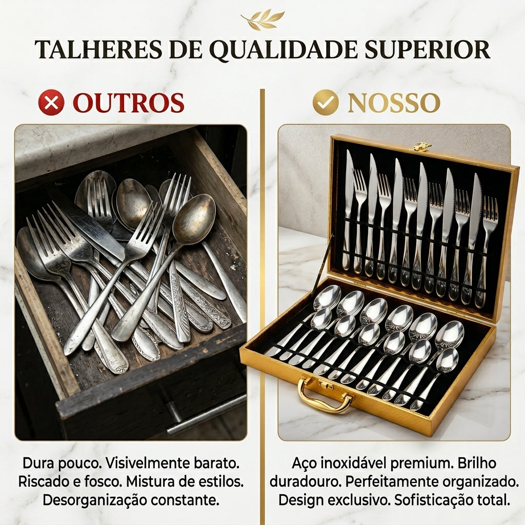 Conjunto 24 Peças Talheres Inox com Maleta Dourada