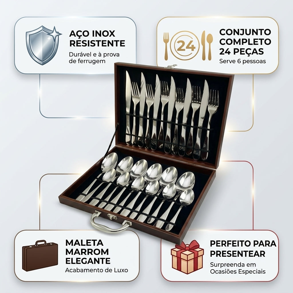 Conjunto 24 Peças Talheres Inox com Maleta Marrom