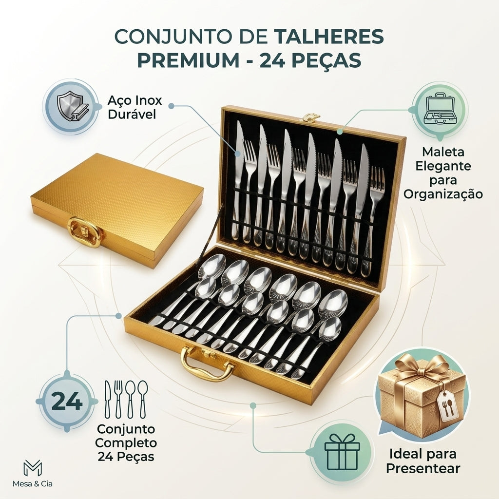 Conjunto 24 Peças Talheres Inox com Maleta Dourada