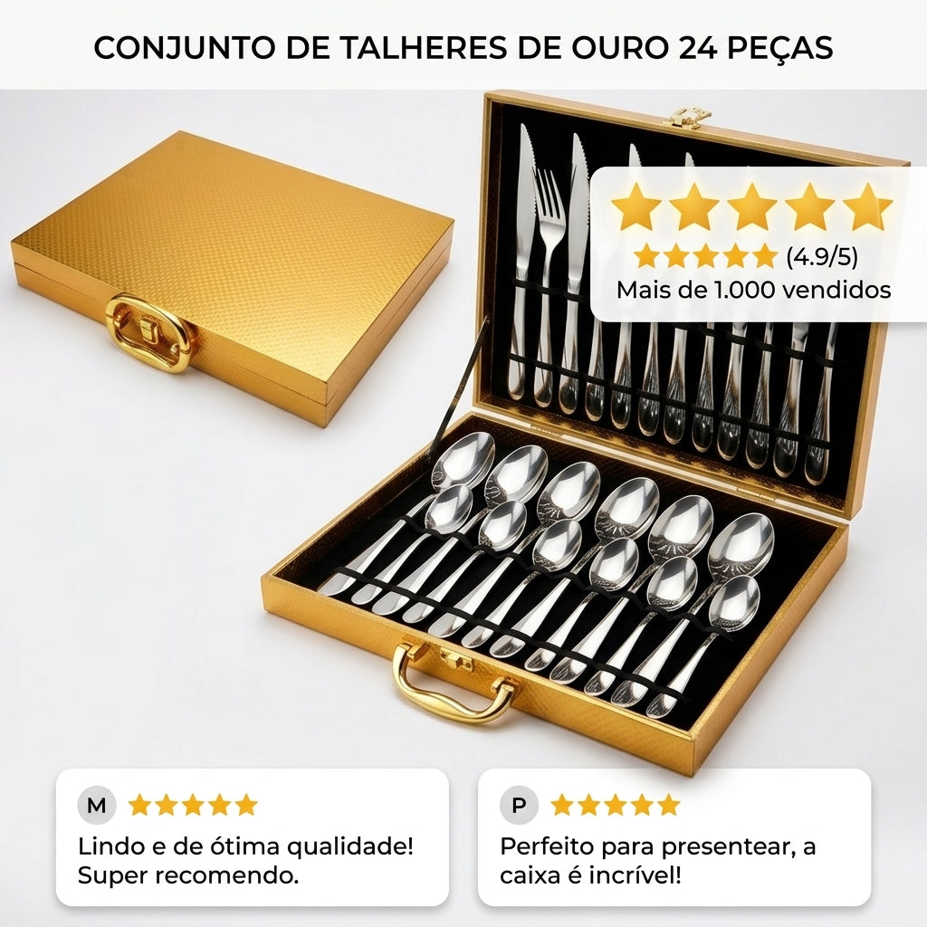 Conjunto 24 Peças Talheres Inox com Maleta Dourada