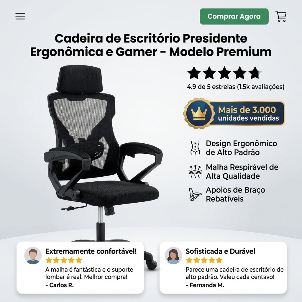 Cadeira de Escritório Presidente Executiva Gamer - Preta