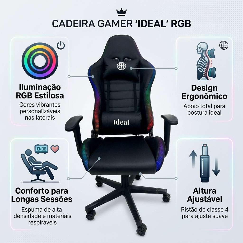 Cadeira Gamer Giratória com Luzes RGB - Sortida