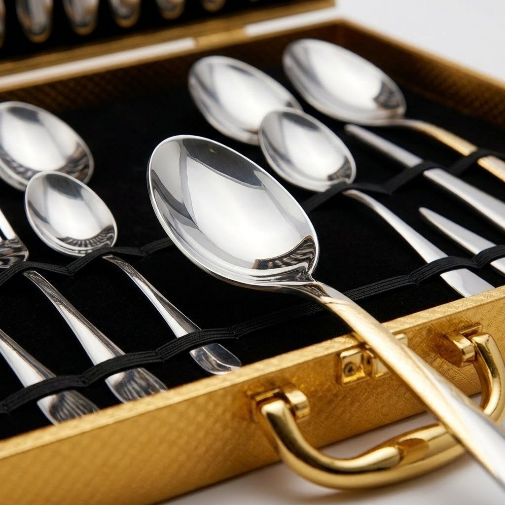 Conjunto 24 Peças Talheres Inox com Maleta Dourada