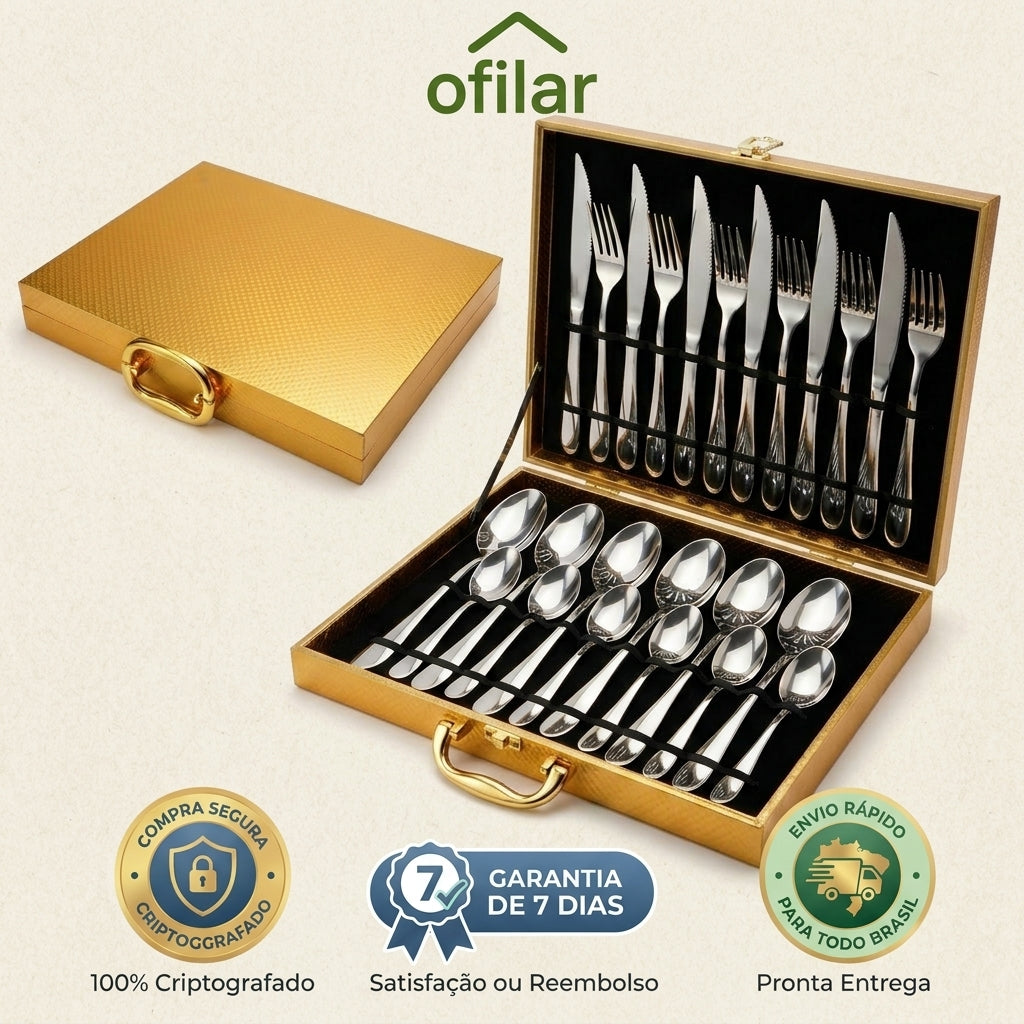 Conjunto 24 Peças Talheres Inox com Maleta Dourada