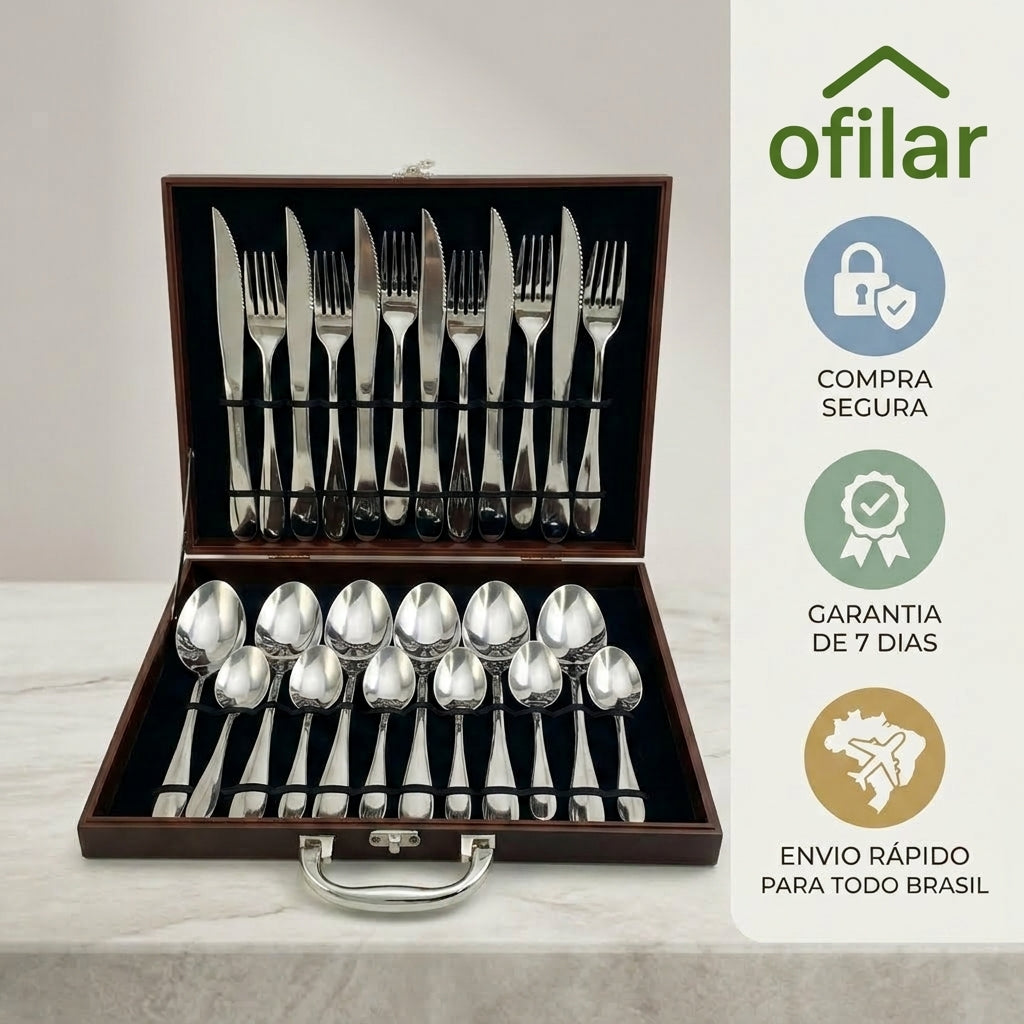 Conjunto 24 Peças Talheres Inox com Maleta Marrom